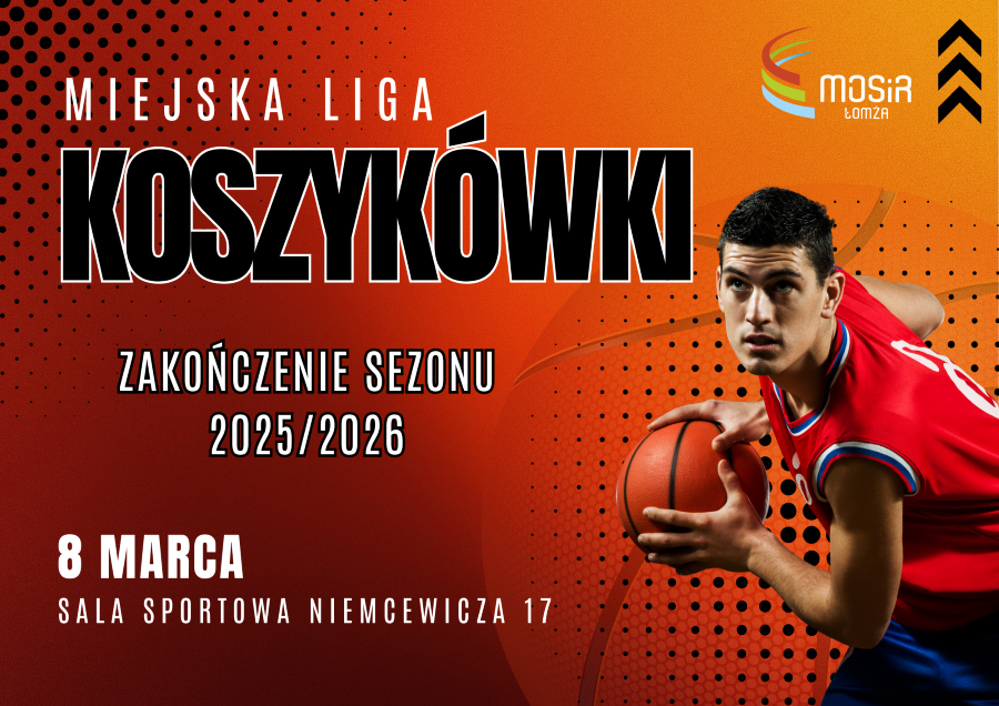 grafika koszykarz z piłką w dłoniach, zaproszenie na zakończenie miejskiej ligi koszykówki 8 marca